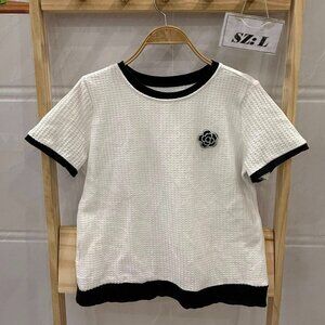 White Black Trim Camellia Flower Waffle Knit Top Chanel Style Soft Tee 🖤